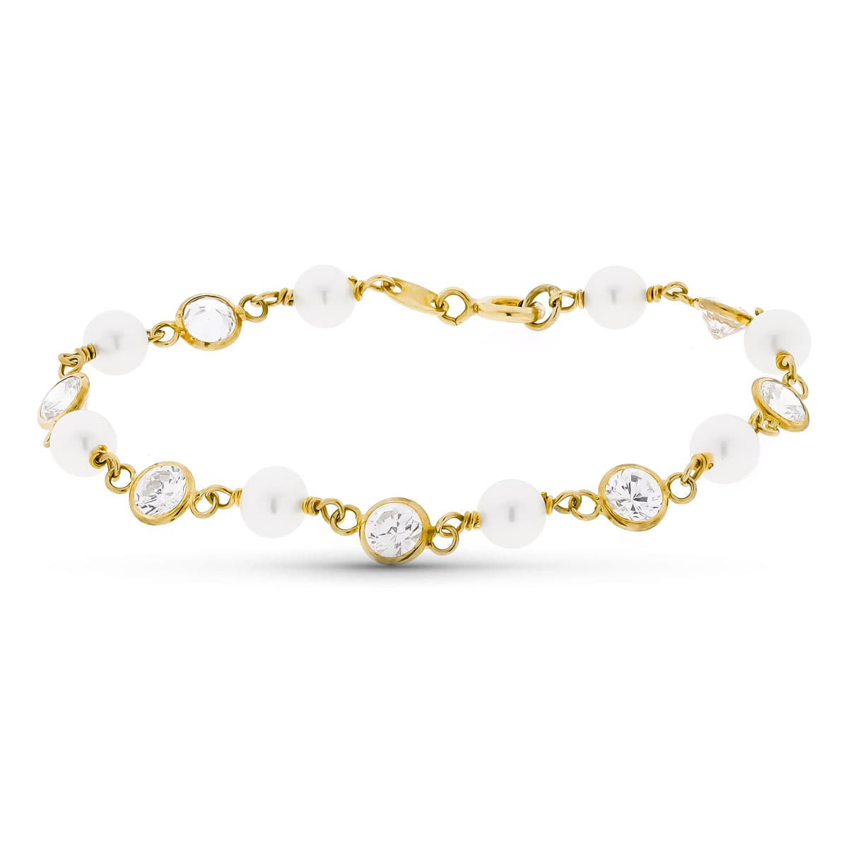 18K Pulsera Oro Amarillo Con Perla Y Circonitas 16.5 Cm