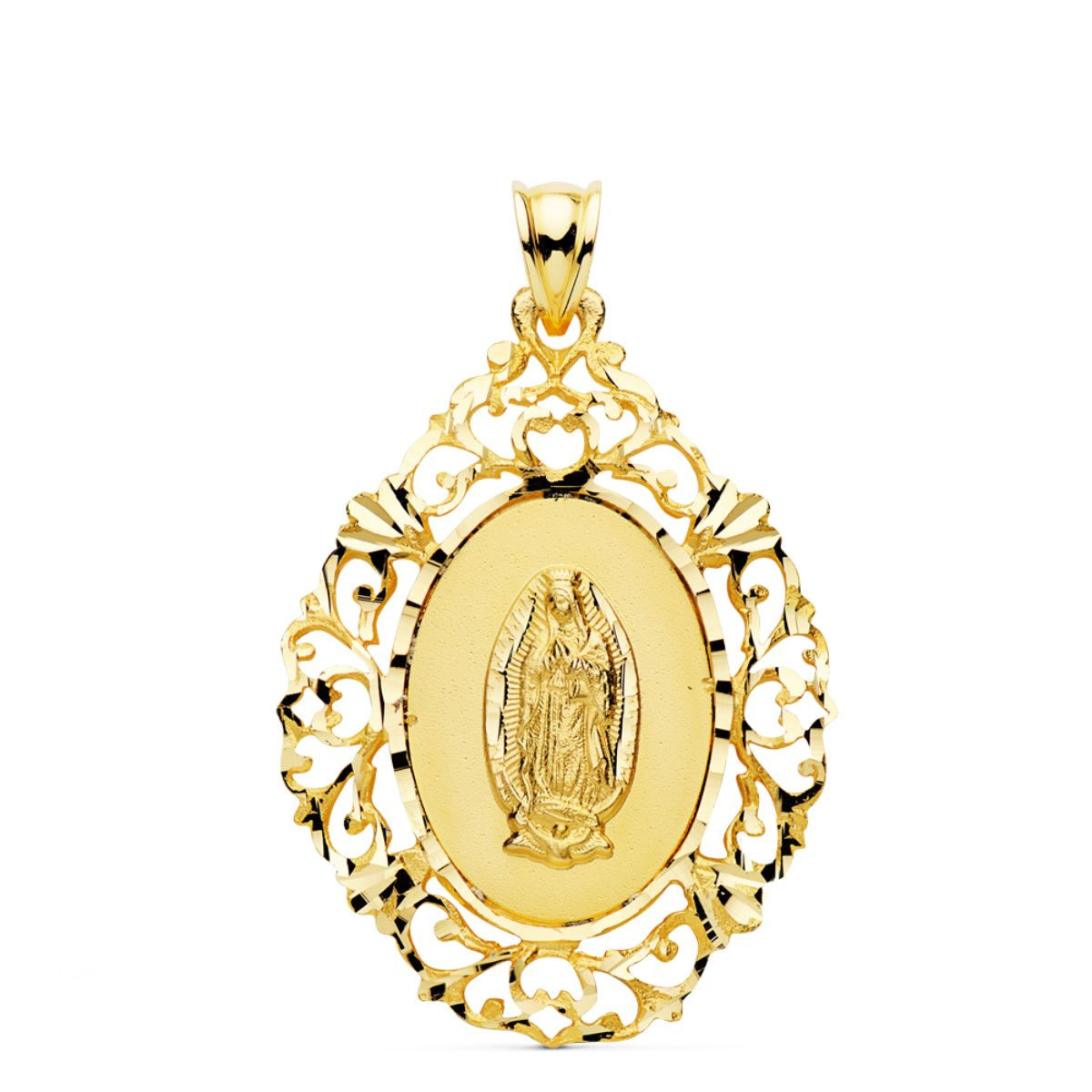 18K Medalla Oro Amarillo Virgen De Guadalupe Cerco 36X26 Mm