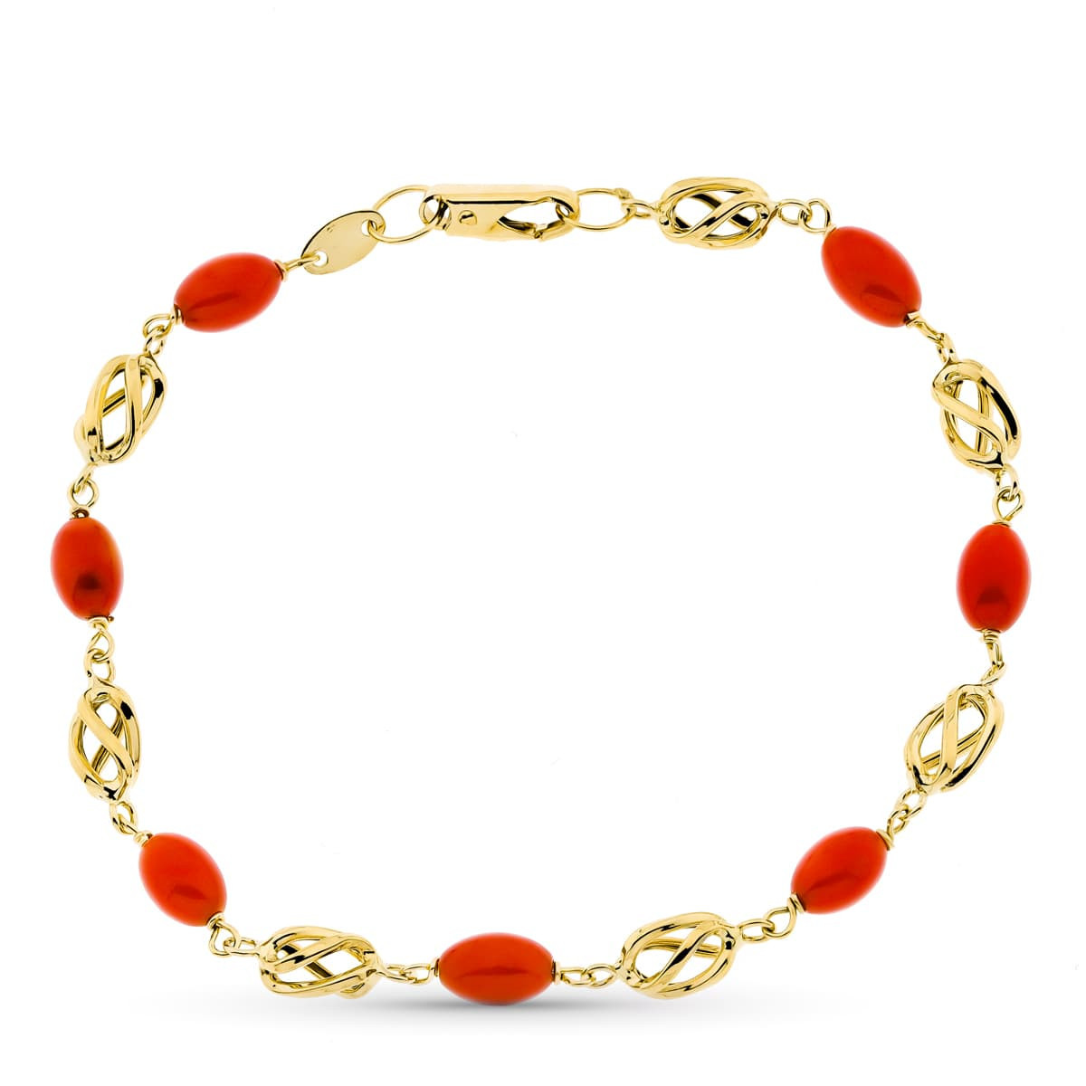 18K Pulsera Oro Amarillo Jaula Coral Fino Cerdeña 19 Cm