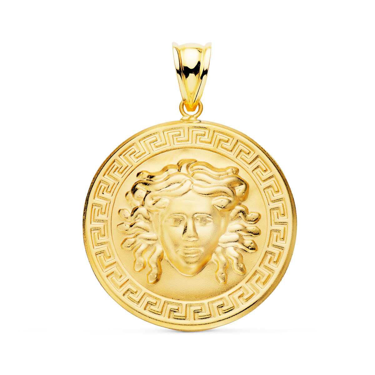 18K Medalla Oro Amarillo Medusa Con Borde De Greca Matizada 25 Mm