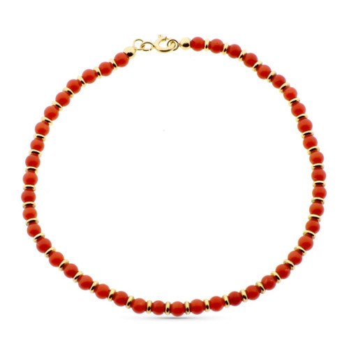 18K Pulsera Oro Amarillo Coral Fino Cerdeña Y Anillas Oro En Brillo 19 Cm