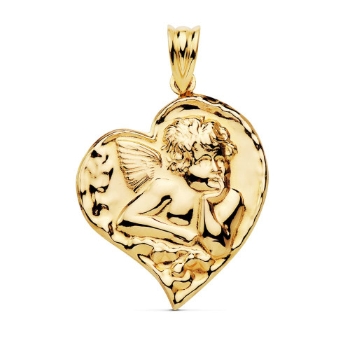 18K Colgante Oro Amarillo Angelito Corazon 25X22 Mm