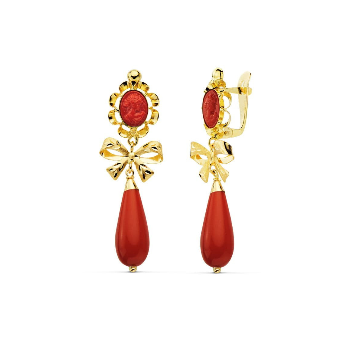 18K Pendientes Coralina Camafeo 42X13 Mm