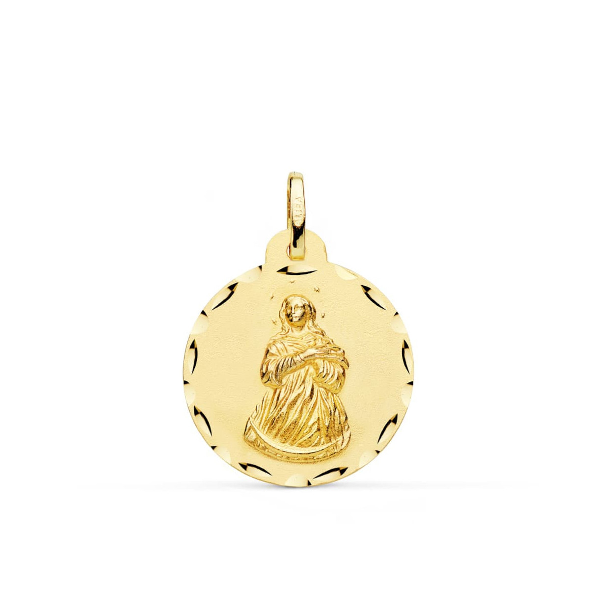 18K Medalla Oro Amarillo Virgen Inmaculada Tallada 22 Mm