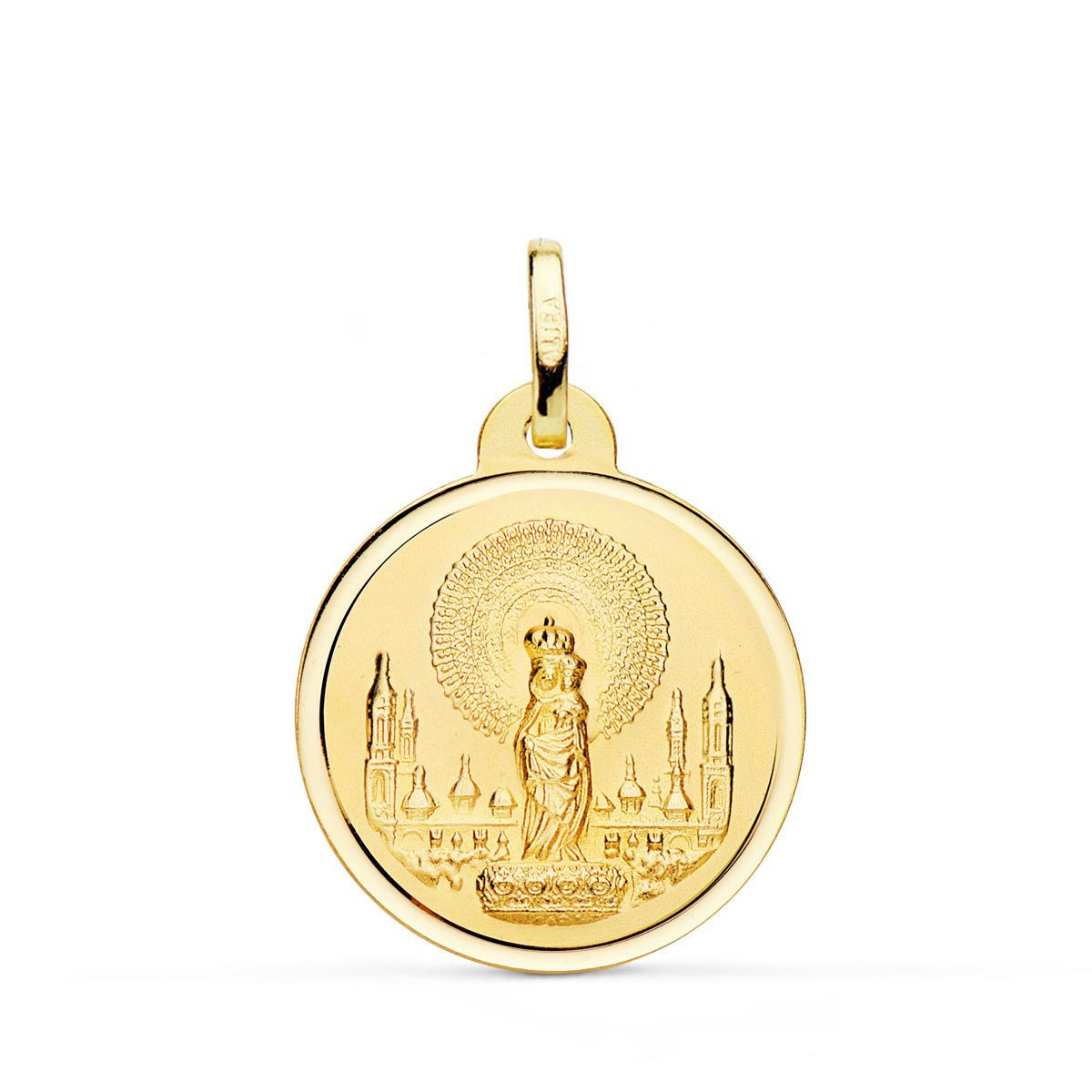 18K Medalla Oro Amarillo Virgen Del Pilar Bisel 22 Mm