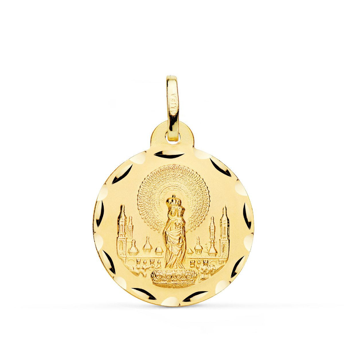 18K Medalla Oro Amarillo Virgen Del Pilar Tallada 22 Mm