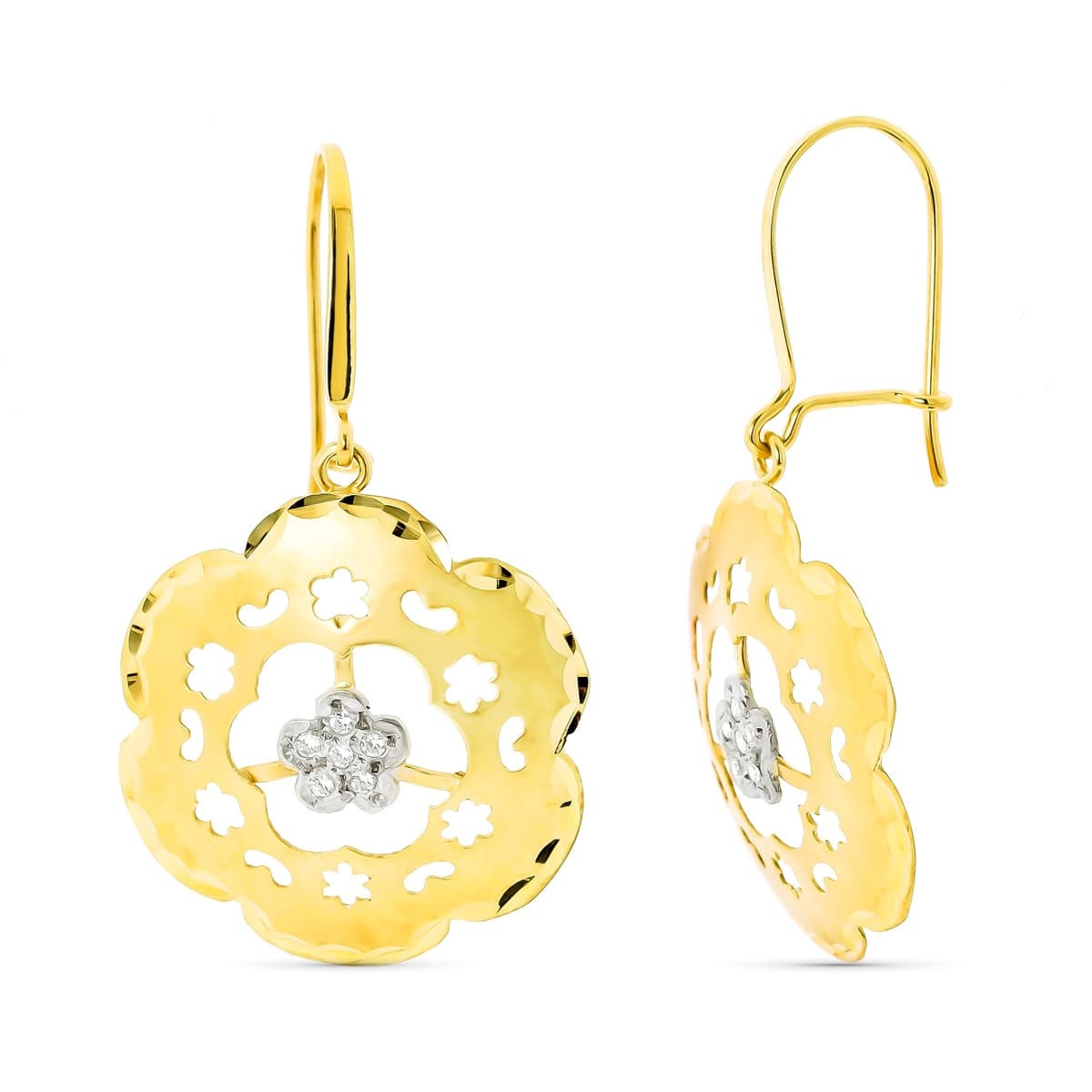 18K Pendientes Oro Bicolor Flor Mate Y Brillo