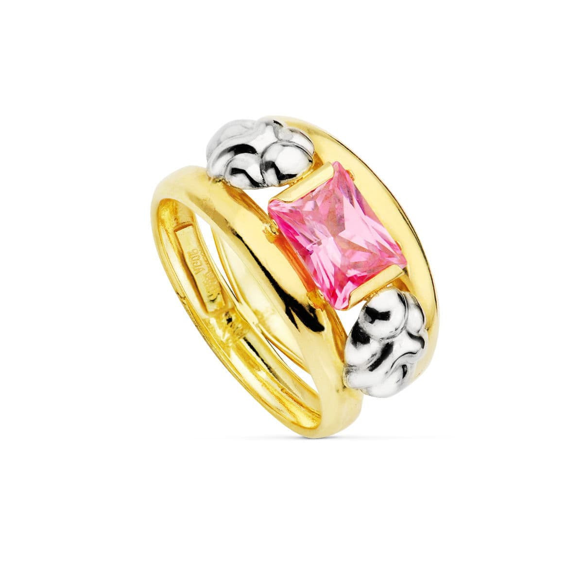 18K Sortija Bicolor Piedra Rosa 8X6 Mm