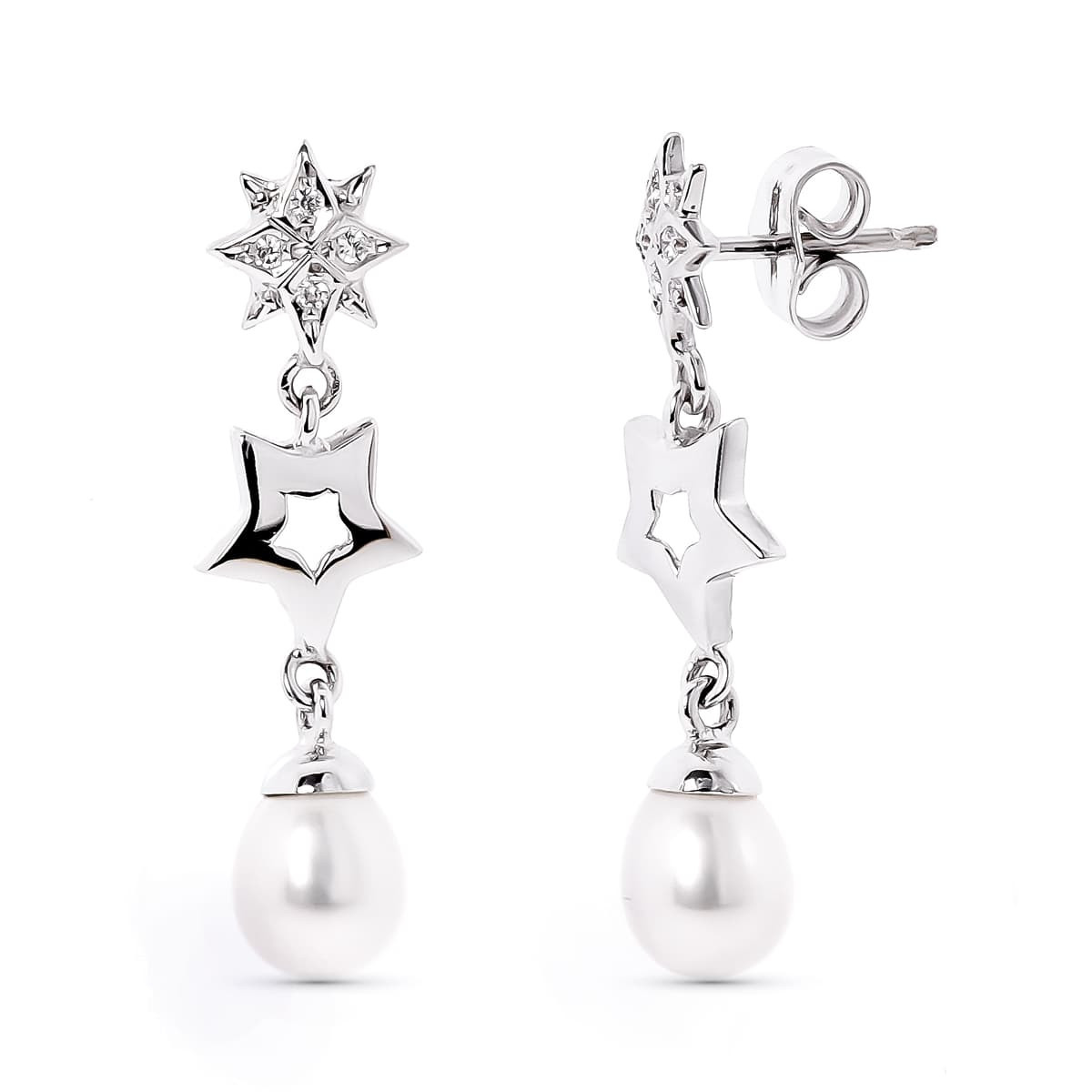 18K Pendientes Largos Presion Oro Blanco Estrellas Con Circonita Y Perla