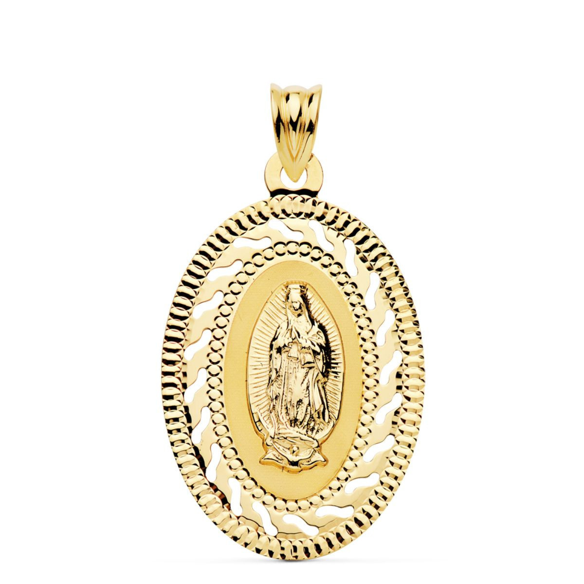 18K Medalla Oro Amarillo Virgen Guadalupe Cerco Calado Y Tallado. 34 X 22 Mm