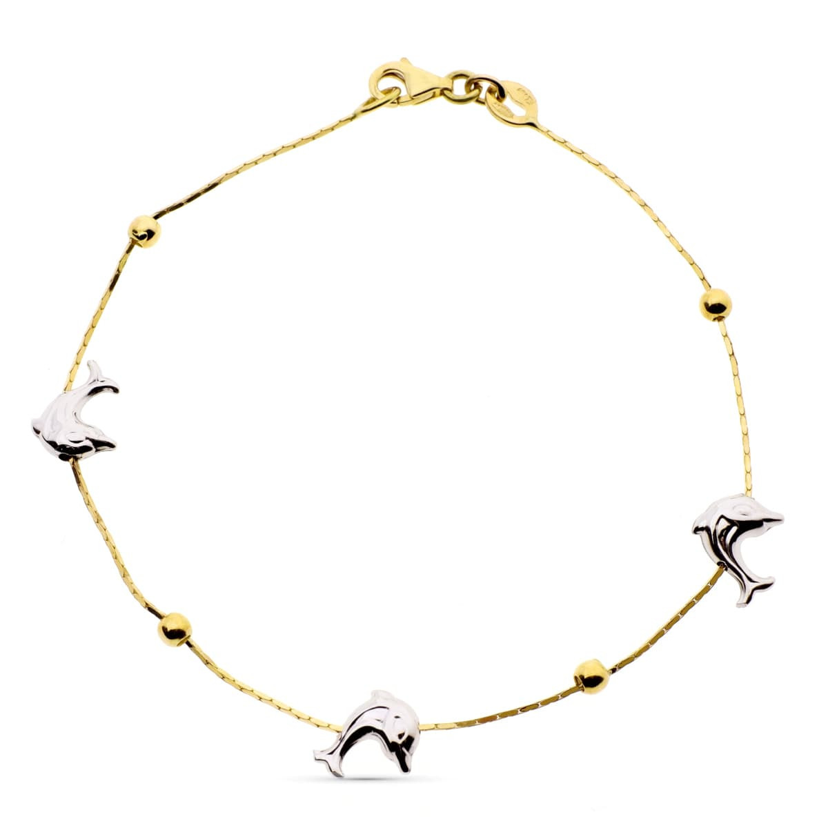 18K Pulsera Oro Bicolor Delfines Y Bolas Lisas.