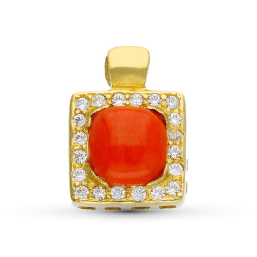 18K Colgante Oro Amarillo Coral Cuadrado Con Circonitas