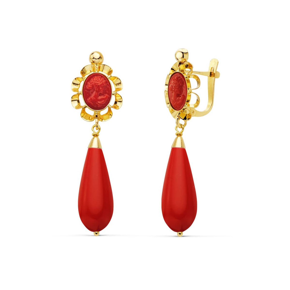 18K Pendientes Coralina Camafeo 38X10 Mm