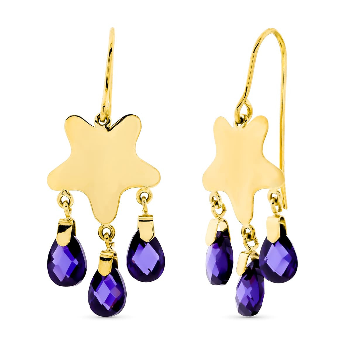 18K Pendientes Oro Amarillo Largos Estrella Amatista Gancho