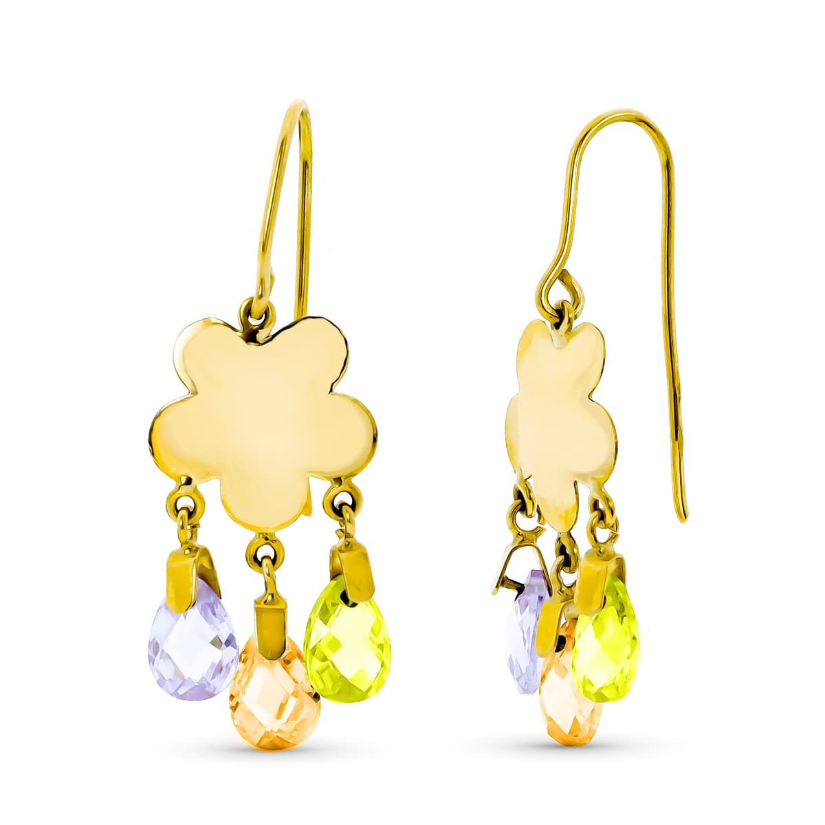 18K Pendientes Oro Amarillo Largo Flor 3 Piedras Color Ct-Ma-Ol