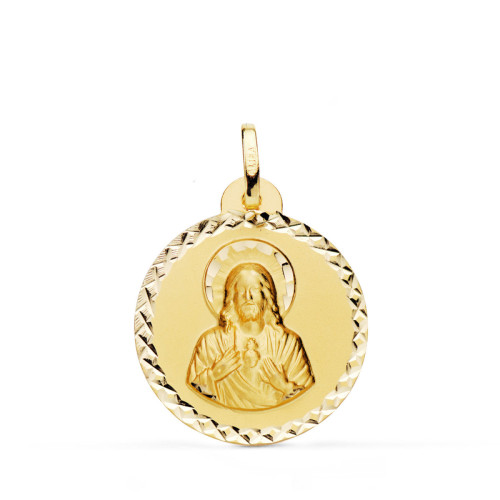 18K Medalla Sagrado Corazon De Jesus Talla Cruzada 22 Mm