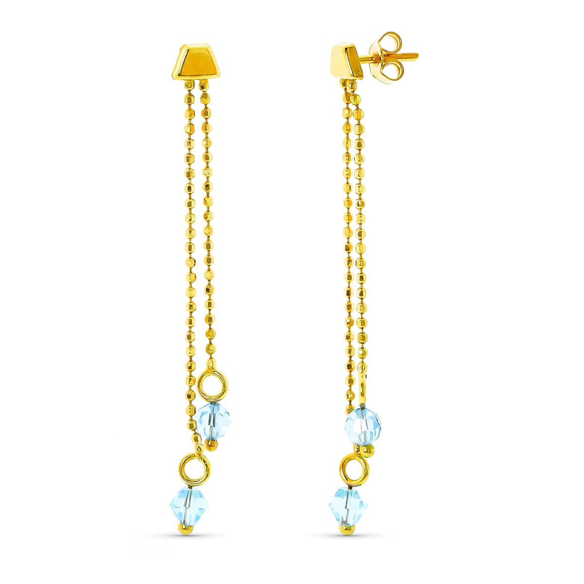 18K Pendientes Oro Amarillo 2 Cadenas Con Piedra Aguamarina