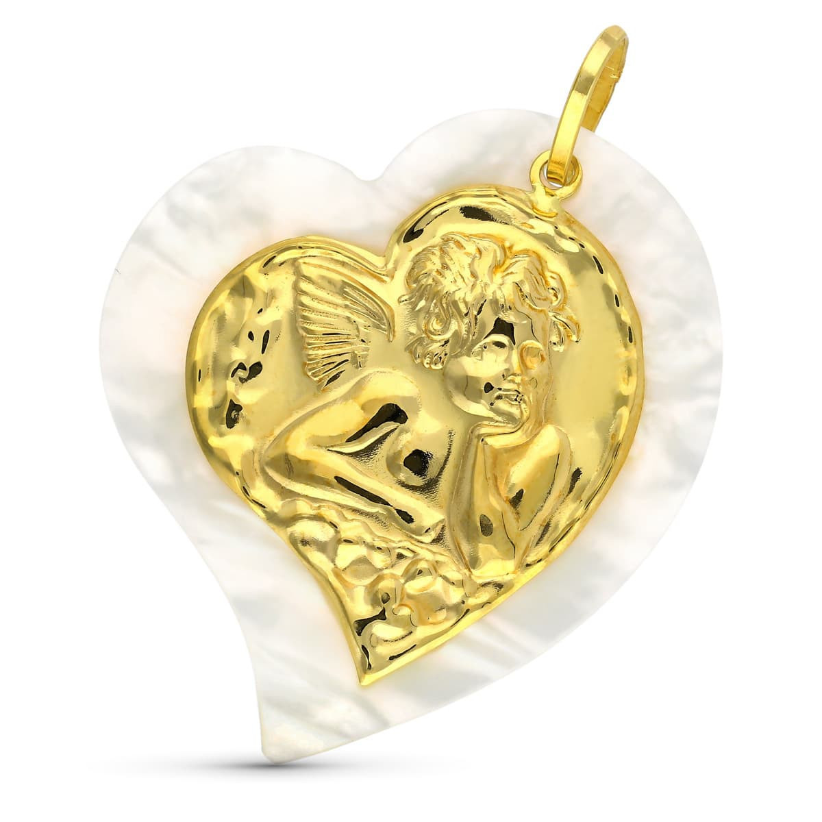 18K Colgante Oro Amarillo Angel Nacar Corazon 40X35 Mm