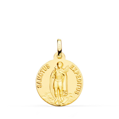 18K Medalla Oro Amarillo -Sanctus Expeditus- Lisa Matizada 18 Mm