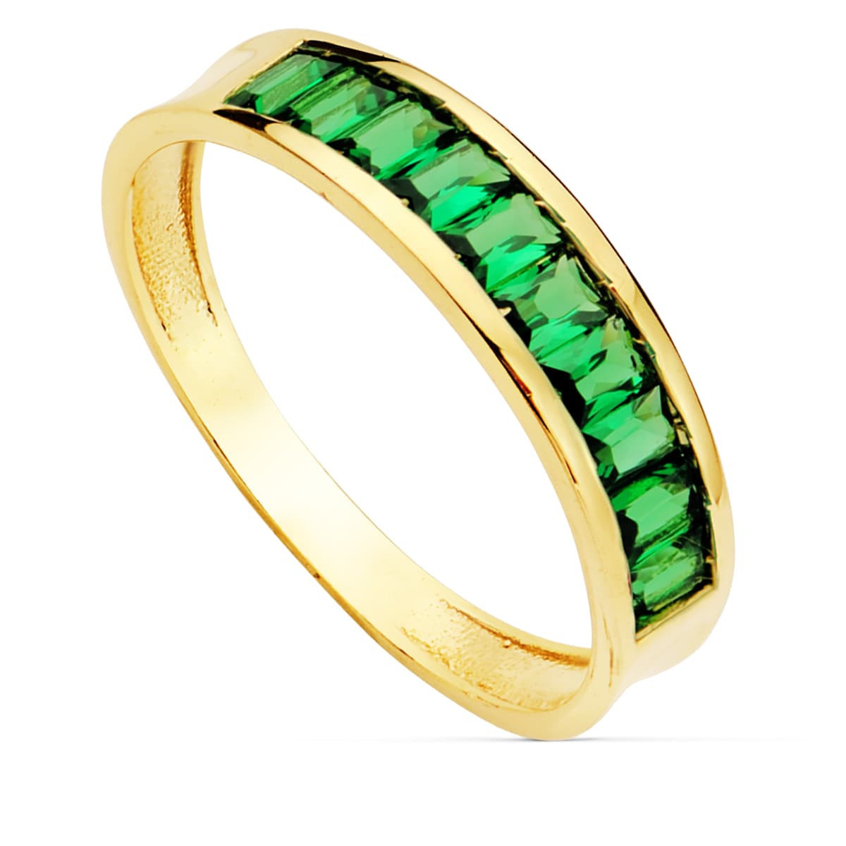 18K Sortija Oro Amarillo Circonitas Verdes Talla Baguette. Ancho 4.5 Mm