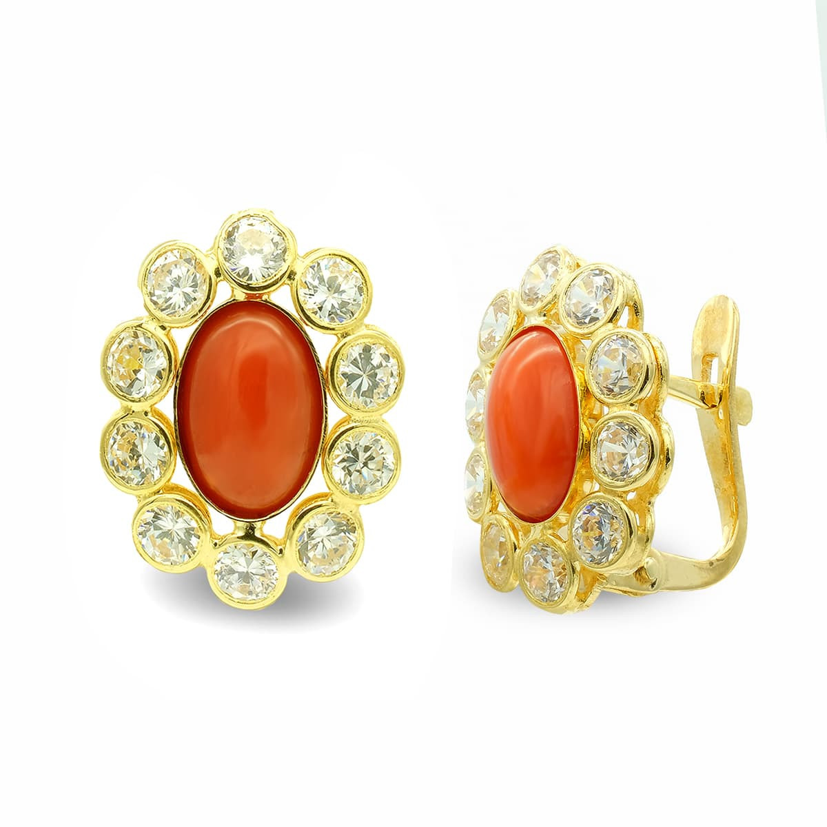 18K Pendientes Oro Amarillo Coral Oval Y Circonitas