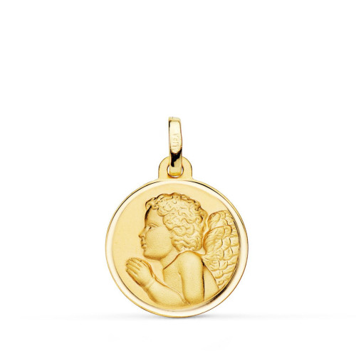 18K Medalla Oro Amarillo Angel Niño Piadoso Rezando Bisel 18 Mm