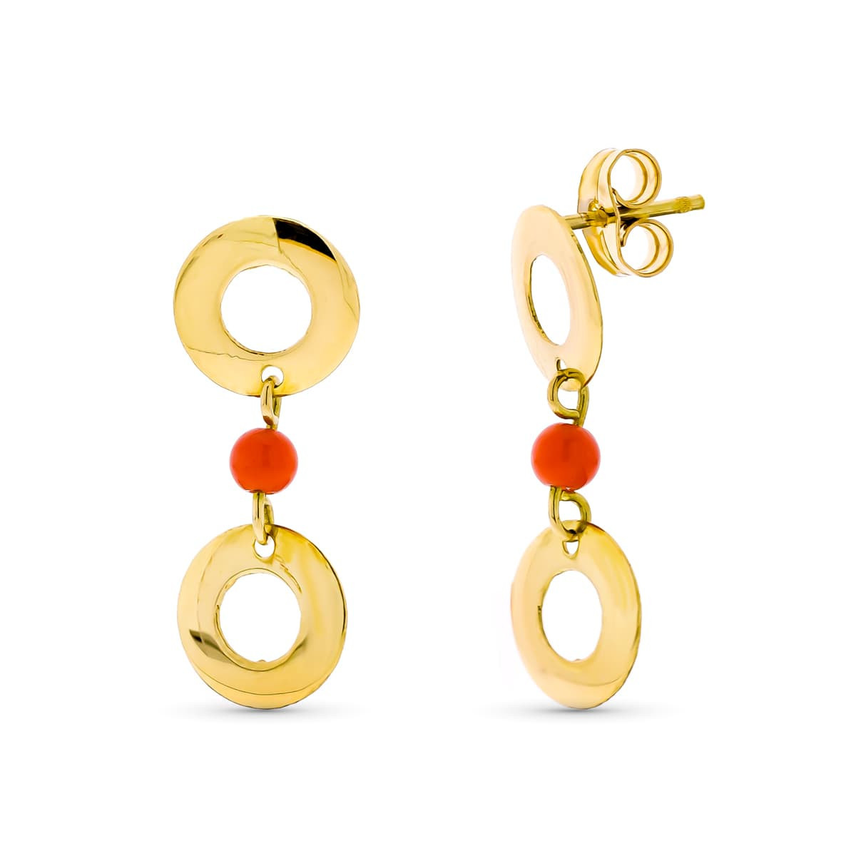 18K Pendientes Oro Amarillo Largos Dos Circulos Y Coral