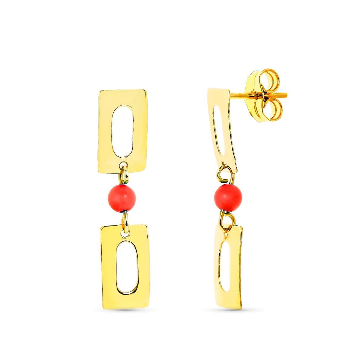 18K Pendientes Oro Amarillo Largos Coral 3 Mm Rectangulos Presion