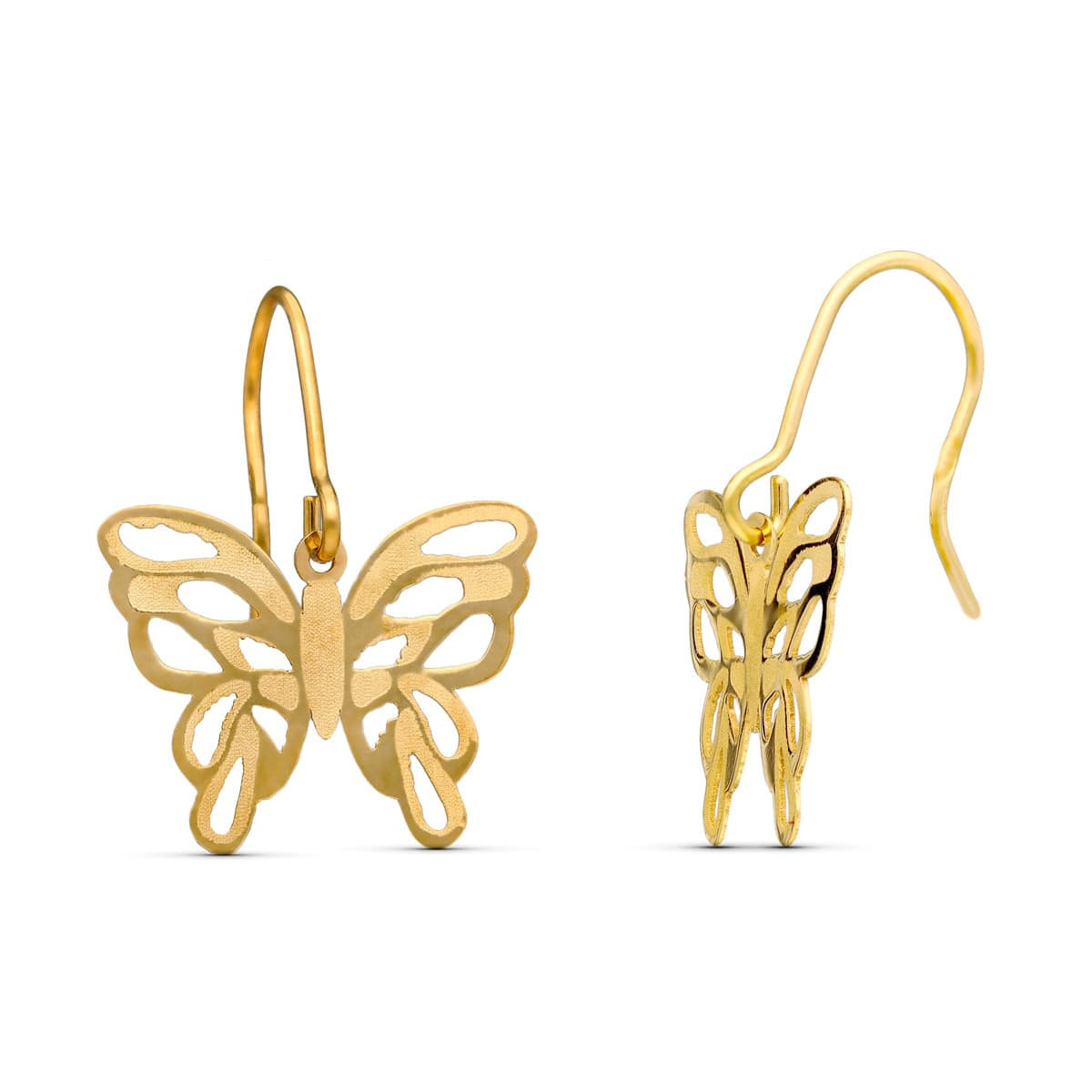 18K Pendientes Oro Amarillo Laser Mate Y Brillo Mariposa