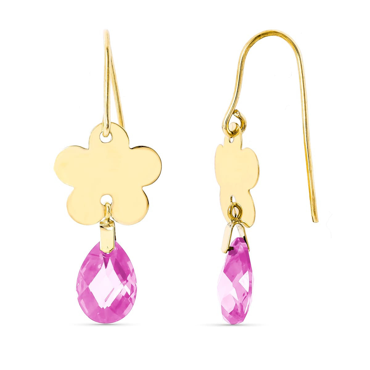 18K Pendientes Oro Amarillo Flor Piedra Rosa 10X7 Mm