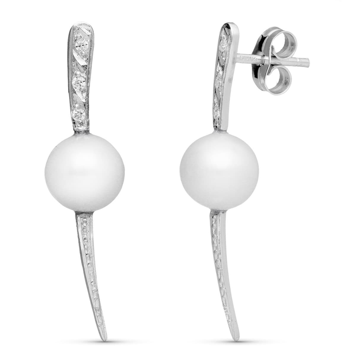 18K Pendientes Oro Blanco Perla Y Circonitas