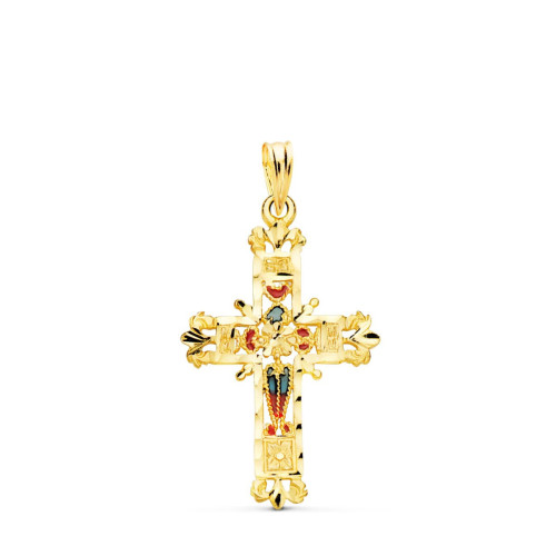 18K Cruz Oro Amarillo Vidriera Catedral Bordes Tallados. 30X20 Mm