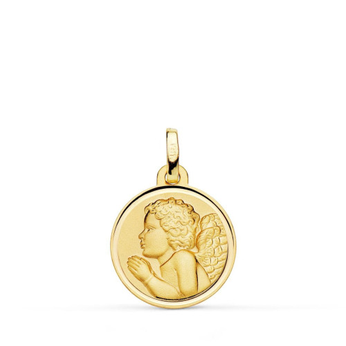 18K Medalla Oro Amarillo Angel Niño Piadoso Rezando Bisel 16 Mm