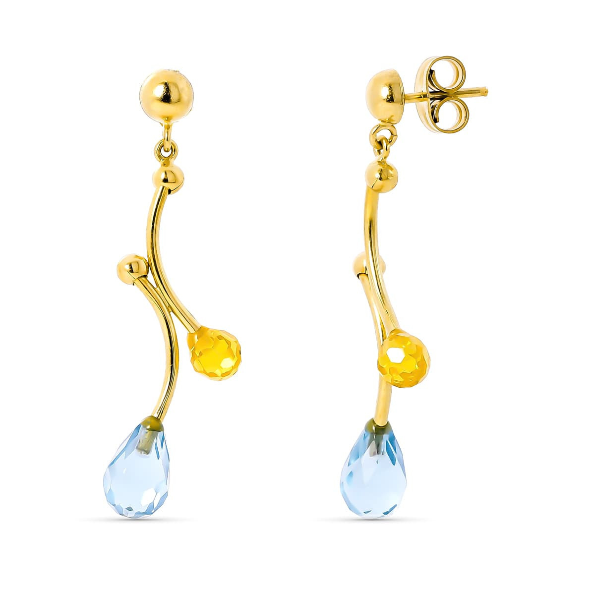 18K Pendientes Oro Amarillo Largos Piedras Aguamarina Y Citrino