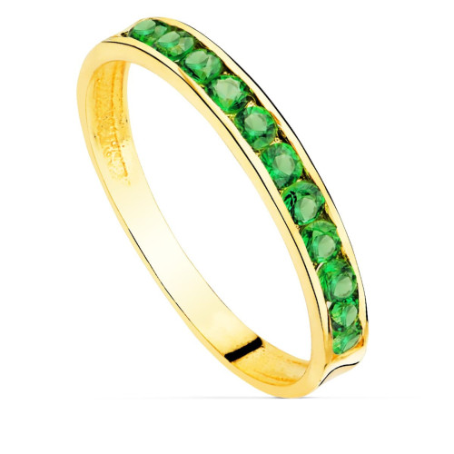 18K Sortija Oro Amarillo Circonitas Verdes. Ancho Cuerpo 2.5 Mm