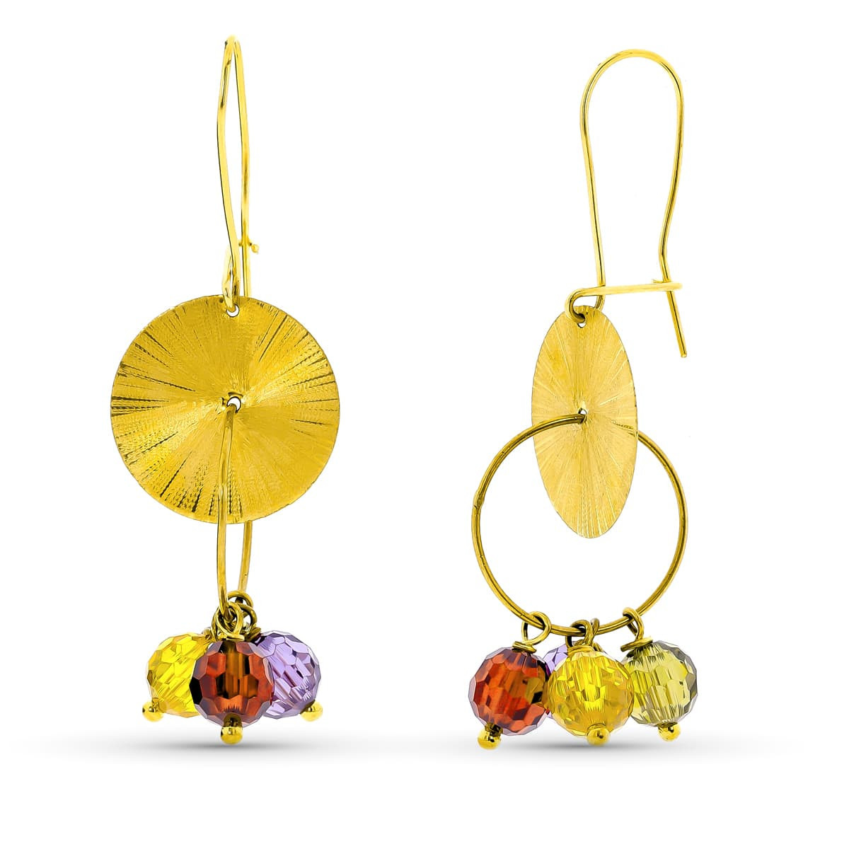 18K Pendientes Oro Amarillo Largos Piedras Colores Y Chapa Tallada Cierre Gancho