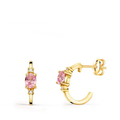 18K Pendientes Oro Amarillo Medio Aro Liso Con Circonita Rosa 12X3 Mm Presion.