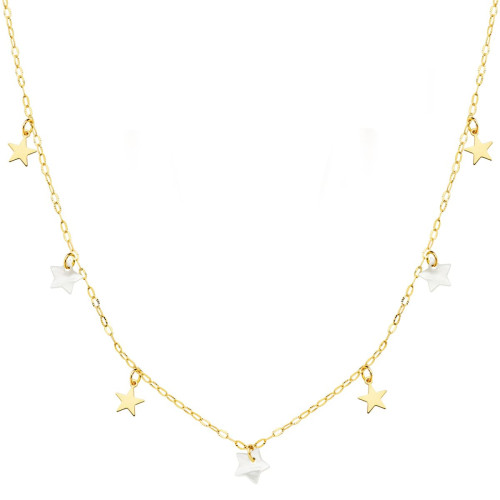 18K Gargantilla Oro Amarillo Estrellas Lisas Y Nacar 5.5 Mm Cadena Forzada 45 Cm