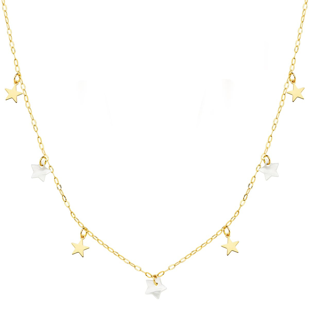 18K Gargantilla Oro Amarillo Estrellas Lisas Y Nacar 5.5 Mm Cadena Forzada 45 Cm