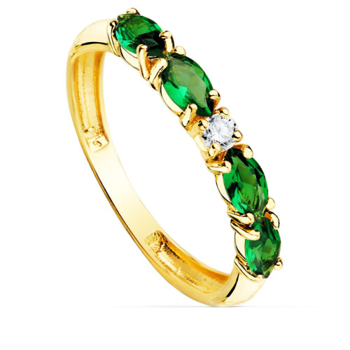 18K Sortija Oro Amarillo 4 Circonitas Verdes Talla Marquise Ancho 2.5 Mm