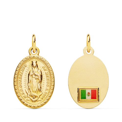 18K Medalla Oro Amarillo Virgen Guadalupe Oval Con Bandera 18X14 Mm