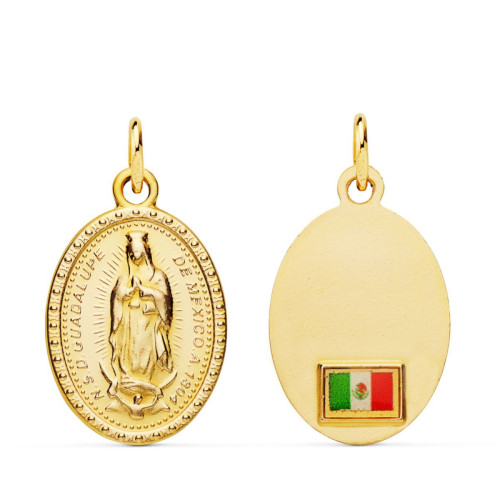 18K Medalla Oro Amarillo Virgen Guadalupe Oval Con Bandera 20X15 Mm