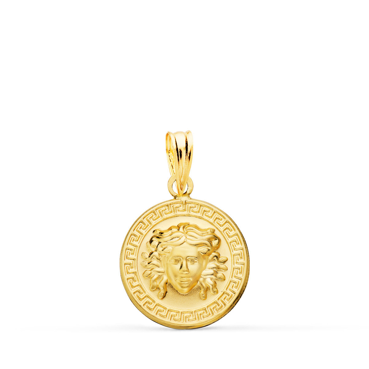 18K Medalla Oro Amarillo Medusa Con Borde De Greca Matizada 15 Mm