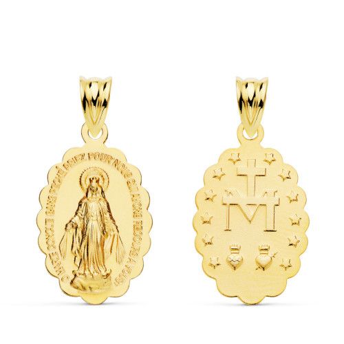 18K Medalla Oro Amarillo Virgen Milagrosa Frances Oval Matizada 20X15 Mm