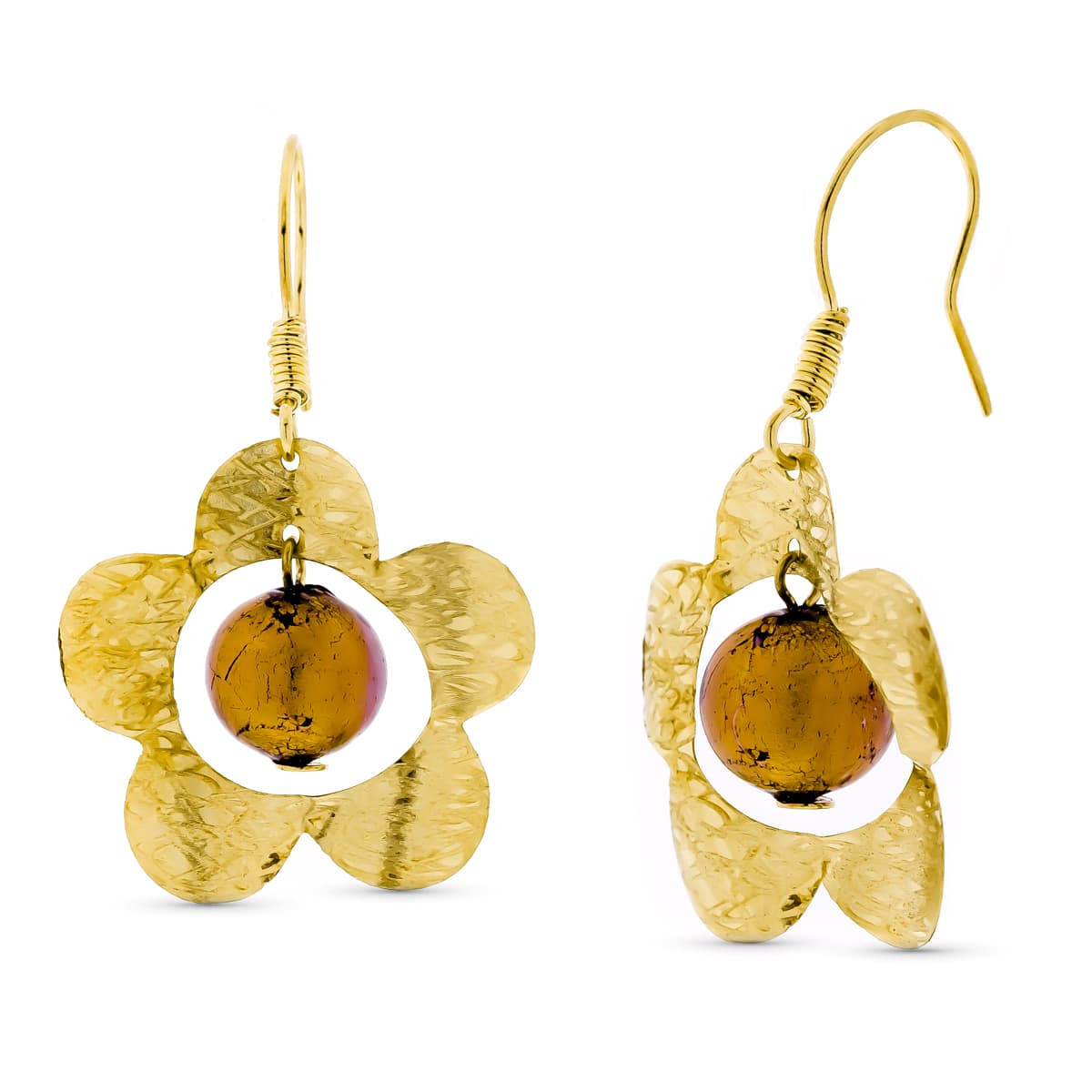 18K Pendientes Oro Amarillo Largos Flor Bola Murano Gancho