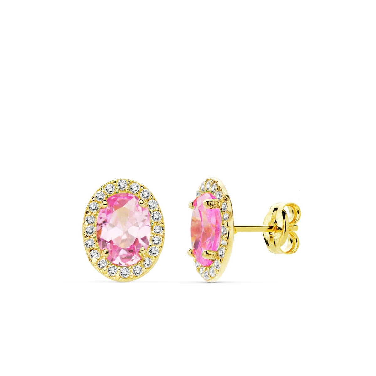 18K Pendientes Oro Amarillo Piedra Rosa Oval Circonitas 10X8 Mm