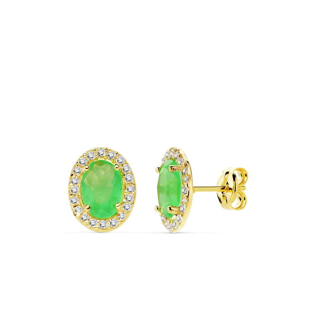 18K Pendientes Oro Amarillo Piedra Verde Oval Circonitas 10X8M