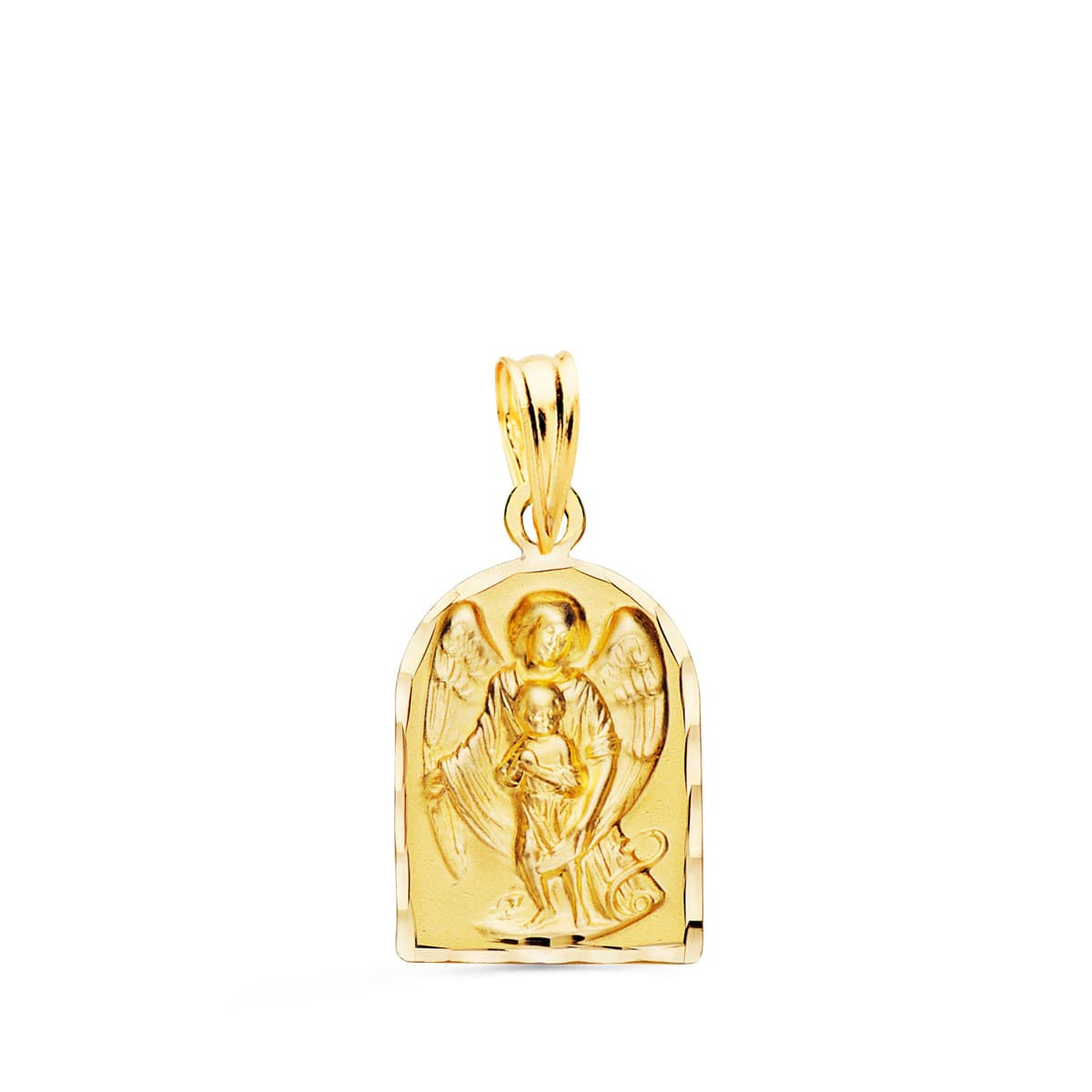 18K Medalla Oro Amarillo Capilla Angel De La Guarda Borde Tallado 18X11 Mm