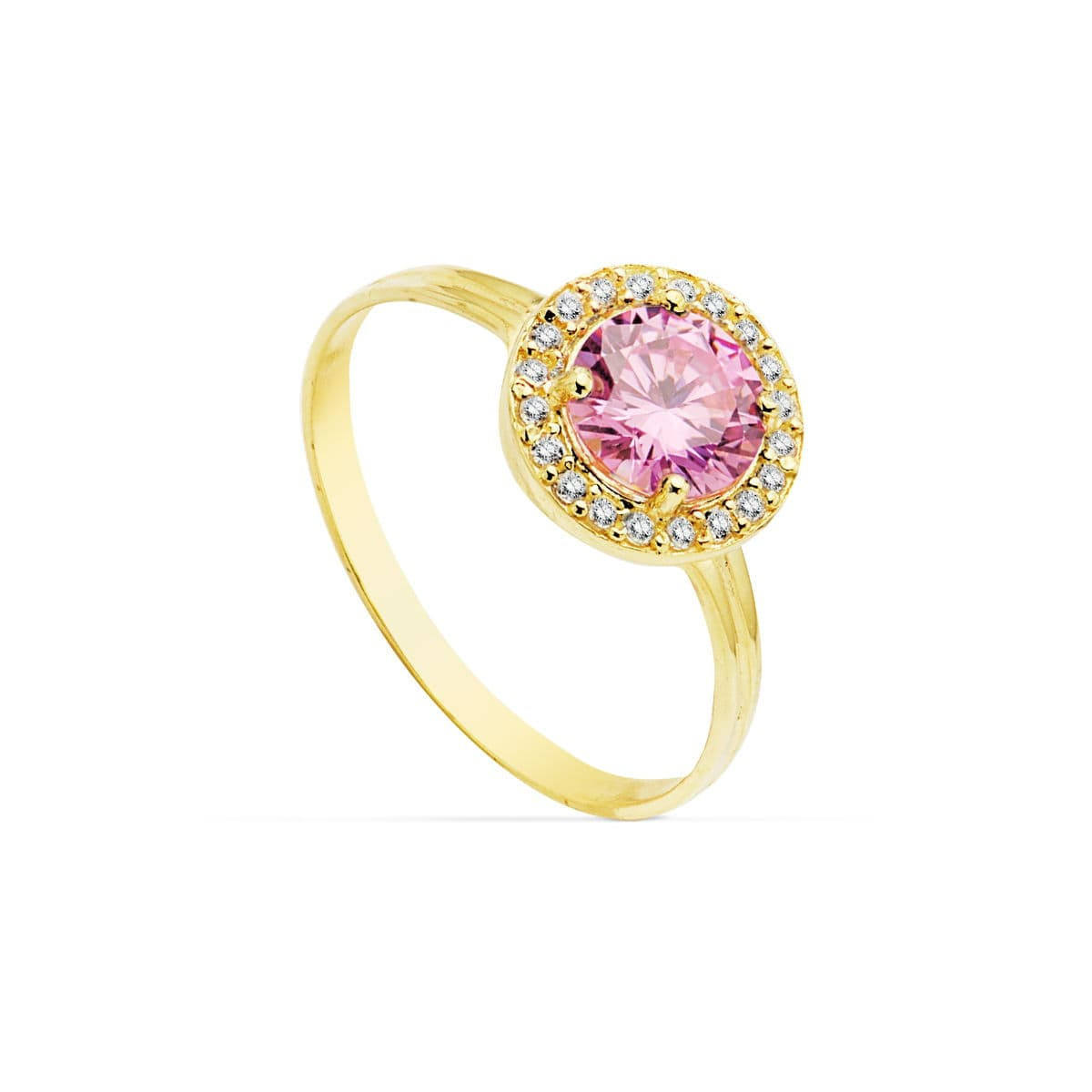 18K Sortija Oro Amarillo Motivo Redondo 9 Mm Circonita Color Rosa 6 Mm