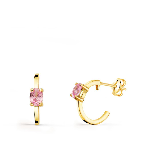 18K Pendientes Oro Amarillo Medio Aro Liso Con Circonita Rosa 12X3 Mm Presion.